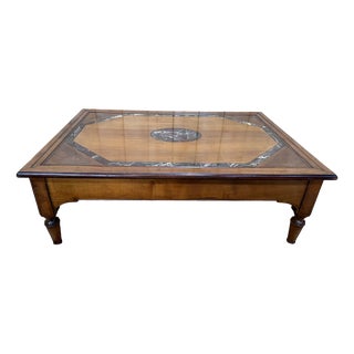 Vintage French Coffee Table in Oak with Marble, 1980s For Sale