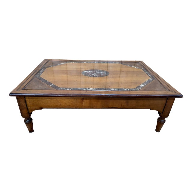 Vintage French Coffee Table in Oak with Marble, 1980s For Sale