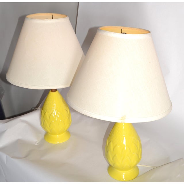Casual Lamps of California 1970s Pair, Vintage Eames Era Ceramic Pineapple Shape Walnut Neck Table Lamps & Shades For Sale - Image 4 of 12