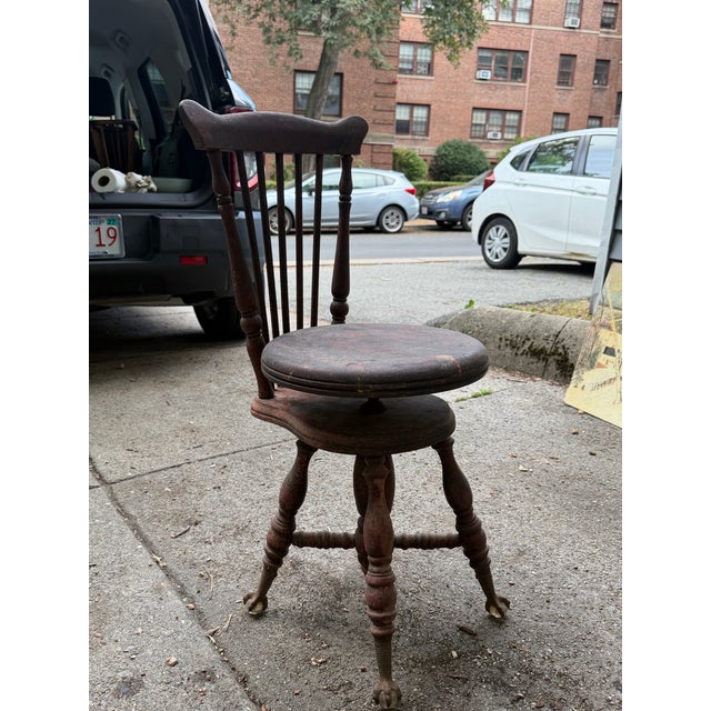 Brown Antique Chas. Parker Adjustable Piano Chair With Glass Ball Claw Feet For Sale - Image 8 of 8