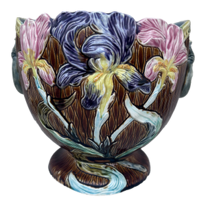 19th Century French Majolica Purple & Pink Iris Cache Pot