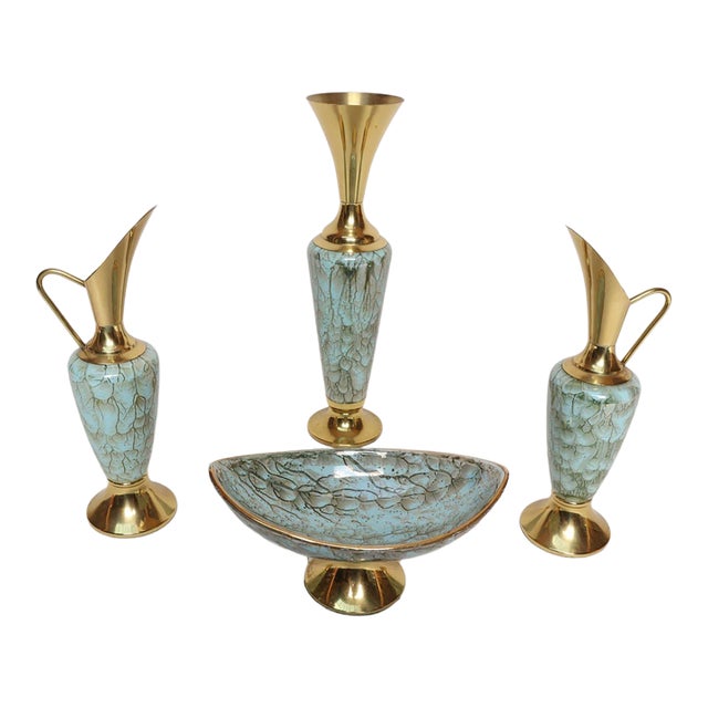 Collection of Four Vintage Dutch Delftware Porcelain and Brass Vessels and Ewers For Sale