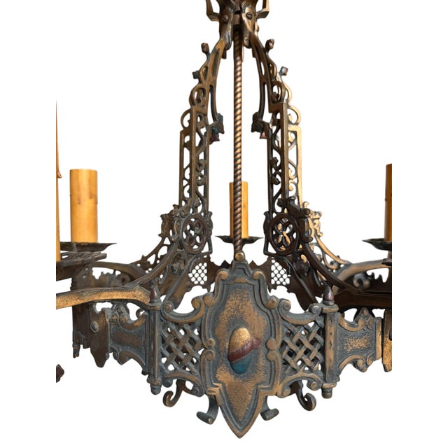 Antique Spanish Revival 5 Light Chandelier With Original Polychrome Paint For Sale - Image 11 of 13