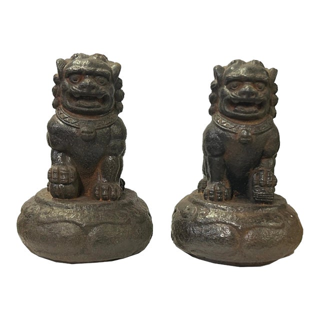 Pair Rustic Chinese Iron Foo Dog Lion on Round Base FengShui Figures For Sale