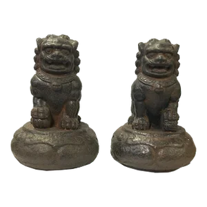 Pair Rustic Chinese Iron Foo Dog Lion on Round Base FengShui Figures