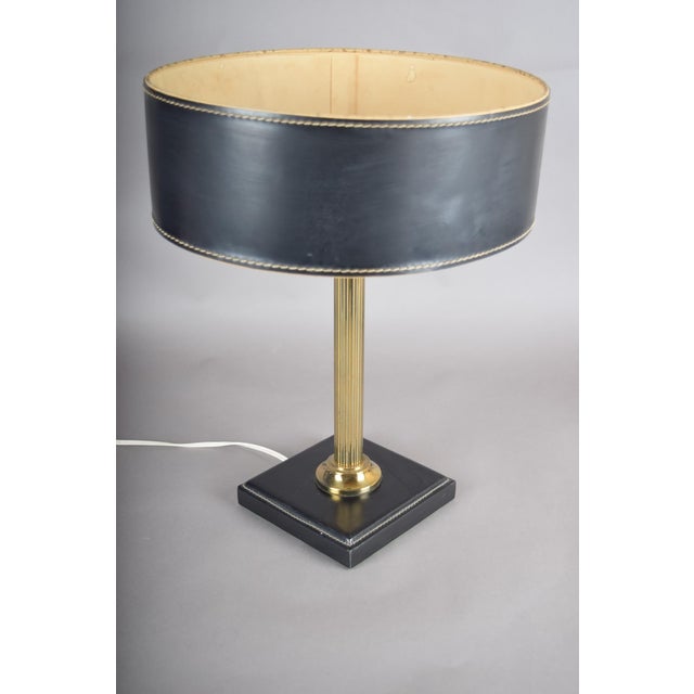 Mid-Century Modern French Table Lamp in Brass and Black Leather, 1960s For Sale - Image 3 of 14