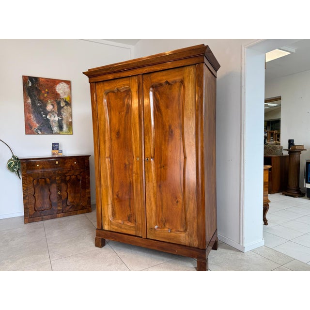 Original Biedermeier Wardrobe in Walnut Veneer with Clothes Rail For Sale - Image 3 of 10