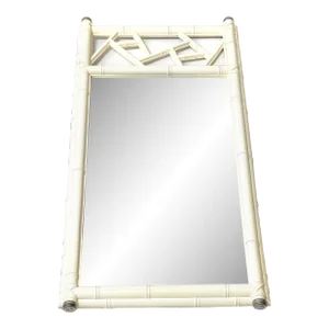 Mid Century Chinoiserie White Lacquered Wood Faux Bamboo Wall Mirror