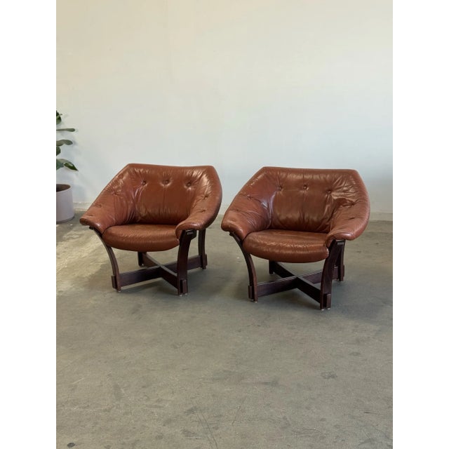 1970s Scandinavian Leather Lounge Chairs- a Pair For Sale - Image 11 of 12
