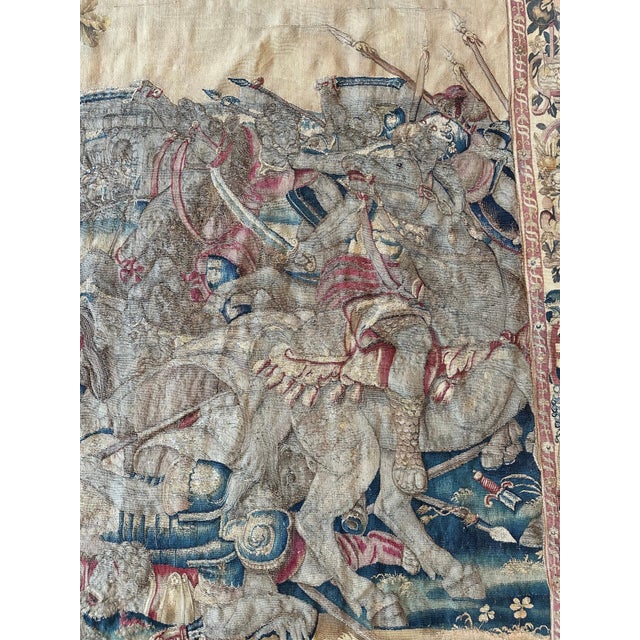 17th Century Fine Brussels Tapestry, Silk Wool, Green, Blue, Red, Battle Scene For Sale - Image 16 of 18