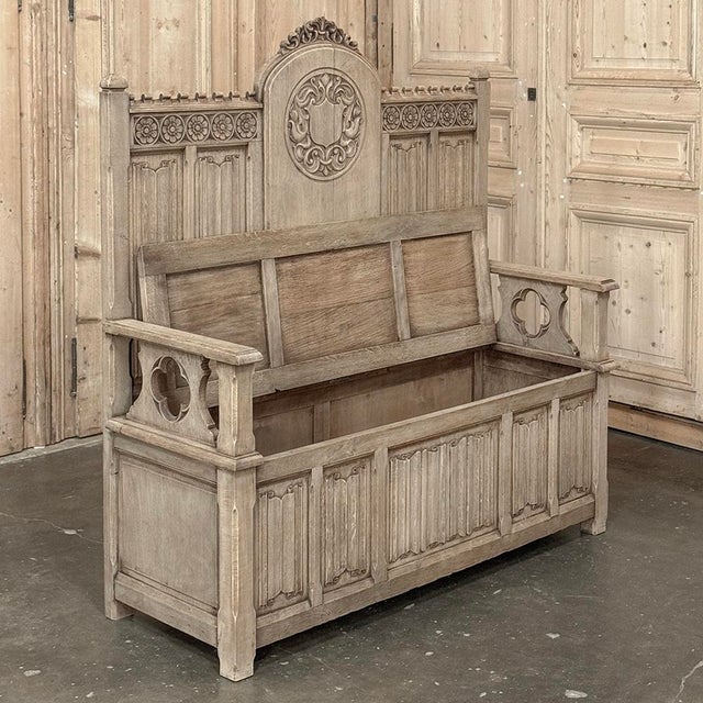19th Century French Gothic Revival Hall Bench in Stripped Oak For Sale - Image 13 of 18
