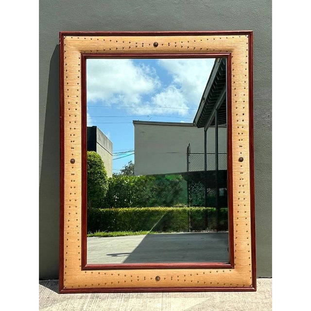 Late 20th Century Vintage Seagrass Studded Wood Floor Mirror For Sale - Image 5 of 15