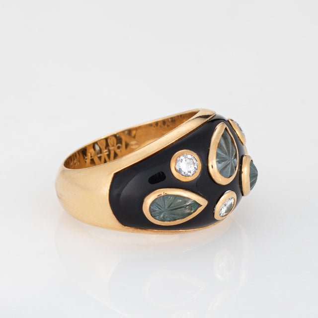 Modern 1991 Cartier Carved Aquamarine Diamond Ring Sz 6 Eu 52 Band 18k Gold Signed For Sale - Image 3 of 7