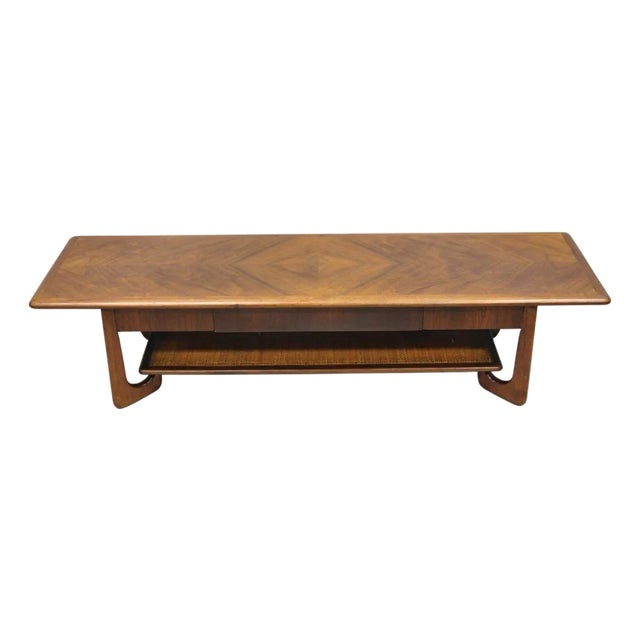 Vintage Mid Century Danish Modern Sculptural Walnut 1 Drawer Long Coffee Table For Sale