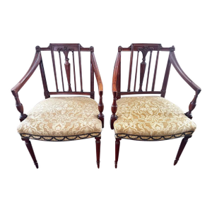 Vintage Pair Solid Rosewood Hepplewhite Hand Carved Side Chairs