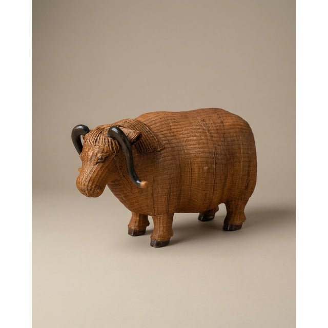 Rustic Vintage Woven Rattan Buffalo Figurine For Sale - Image 3 of 3