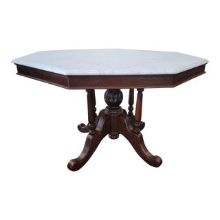 Victorian Style Marble Top Dining Table Octangle White Carrara Marble With Brown Mahgany Base For Sale