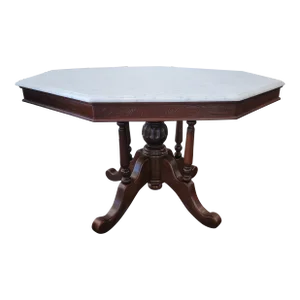Victorian Style Marble Top Dining Table Octangle White Carrara Marble With Brown Mahgany Base
