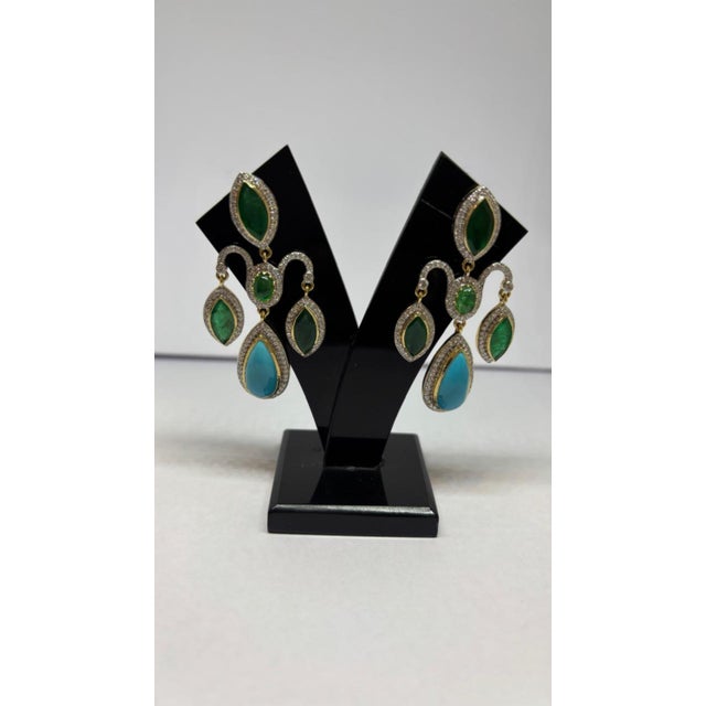 Natural Turquoise, Emerald, & Diamond Earring in 14k Gold For Sale - Image 4 of 8