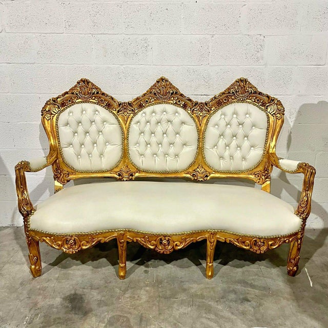 Rococo White Leather French Rococo Sofa – Gold Leaf Frame For Sale - Image 3 of 7