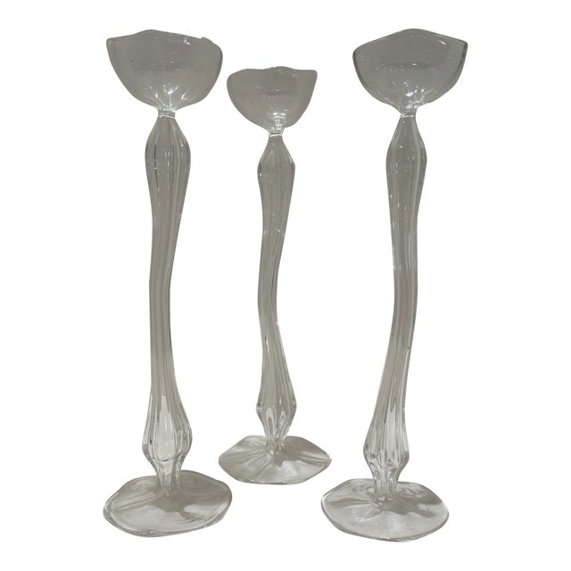 1950s Set of 3 Hand-Blown Art Glass Candlesticks Sculptural Clear Glass Modern Trio For Sale