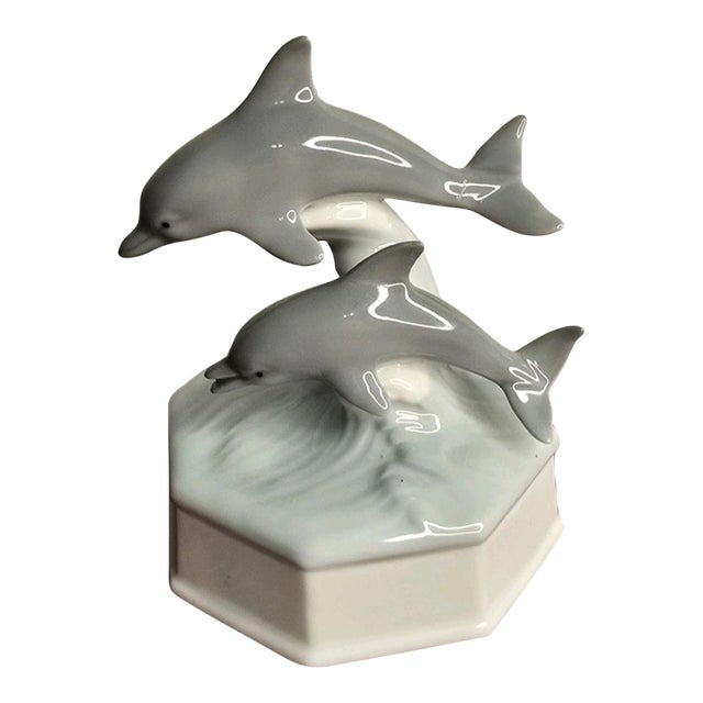 Vintage Otagiri Japan Porcelain Dolphin Mom & Baby Music Box "Pearly Shells" For Sale