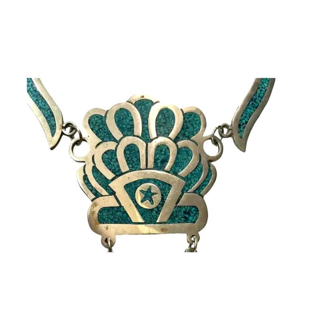 Mexican Mexican Alpaca Silver and Turquoise Inlay Necklace For Sale - Image 3 of 9