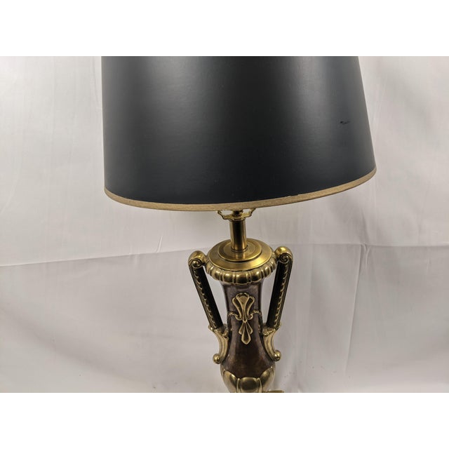 Late 20th Century Large Neoclassical Style Brass & Faux Burlwood Table Lamp With Black Shade – 34"h For Sale - Image 11 of 18