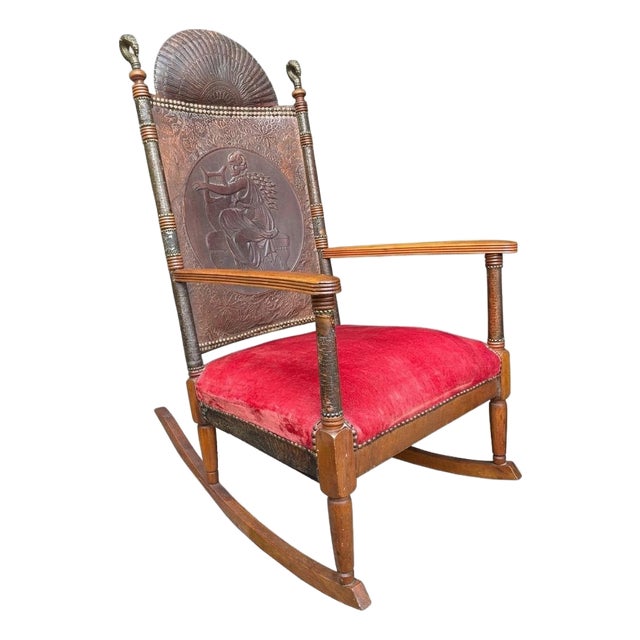 Mid 19th Century Victorian Aesthetic Movement Rocking Chair With Embossed Leather Back and Satyr Finials For Sale