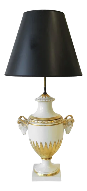 Urn and Rams Head White & Gold Porcelain Table Lamp Empire Style, German, Large