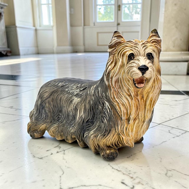 For your consideration is an exceptional vintage mid-century Yorkshire Terrier plaster sculpture, beautifully modeled...