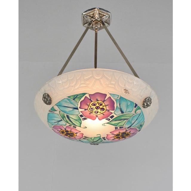 LOYS LUCHA A French 1930s art deco pendant light in nickel plated solid brass or bronze holding a bowl by Loys Lucha....