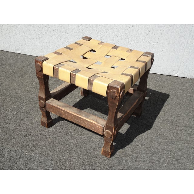 Vintage Rustic Spanish Style Stool Bench With Leather Straps For Sale - Image 10 of 12