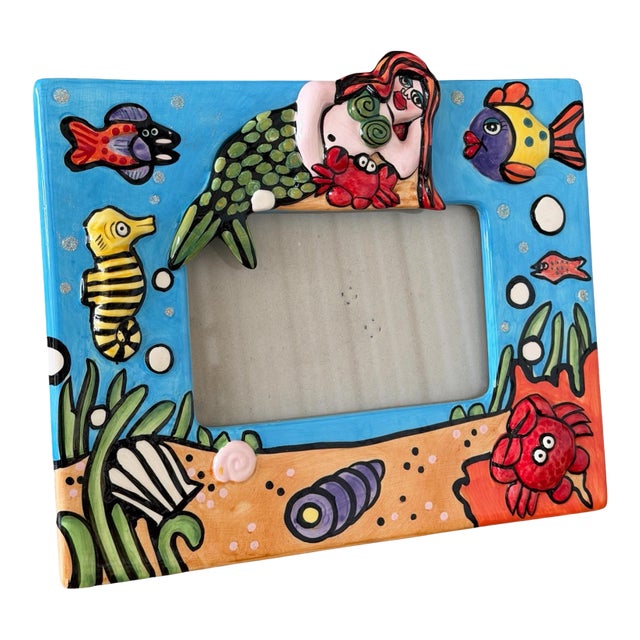 Whimsical Coastal Mermaid Hand-Painted Ceramic Glazed Picture Frame For Sale