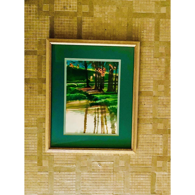 Green Vintage Watercolor ‘Trees, Water’ Artist Signed, Framed For Sale - Image 8 of 10