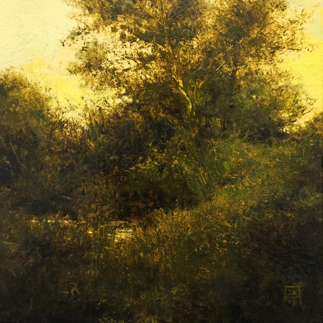 Evening (Ode to H. D. Martin) by Shawn Krueger | Oil on panel Landscape with trees at dusk For Sale
