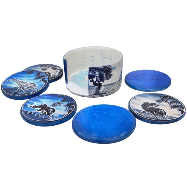Vintage Handcrafted West-African Safari Soapstone Coasters & Holder- 7 Pieces For Sale - Image 4 of 5