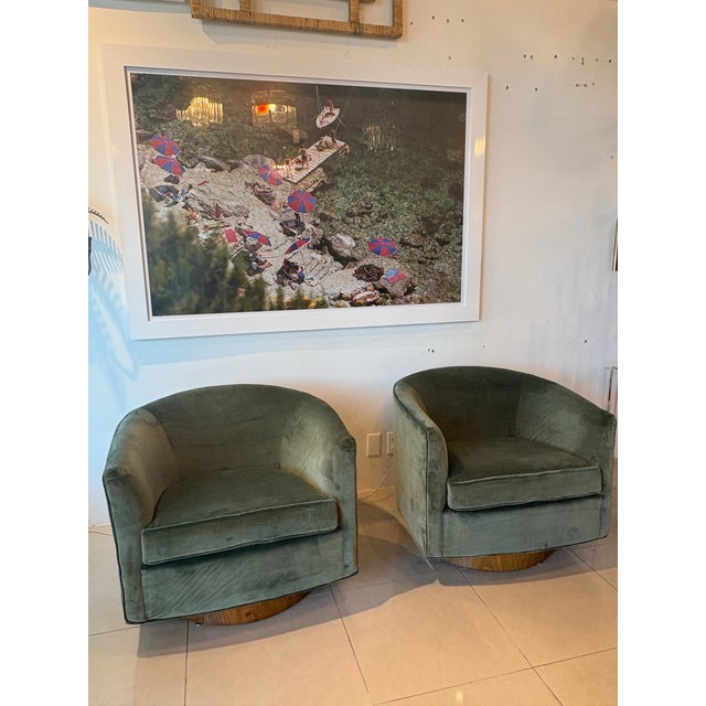 Mid-Century Modern Vintage Pair Milo Baughman for Thayer Coggin Walnut & Green Velvet Swivel Chairs For Sale - Image 3 of 12