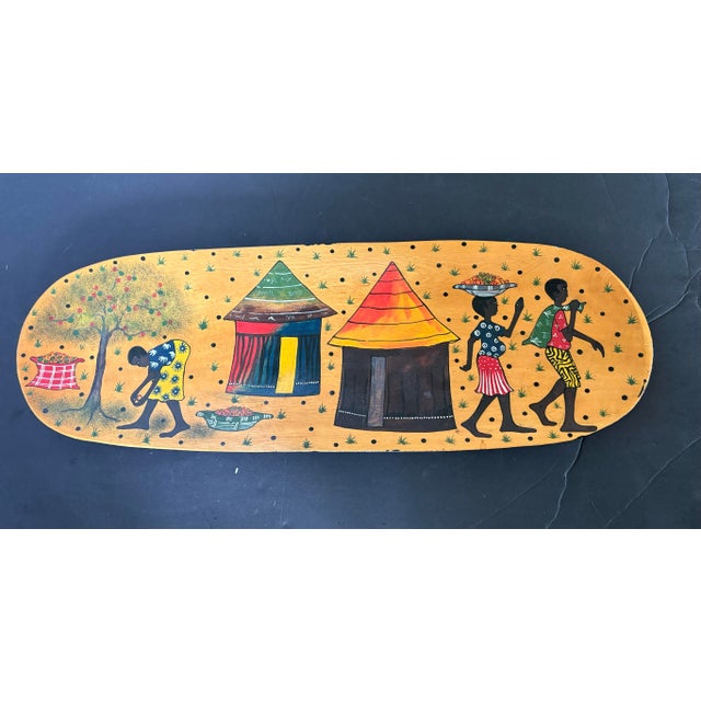 Vintage African Folk Art Hand-Painted Wooden Wall Panel Village Scene Decor For Sale - Image 4 of 6