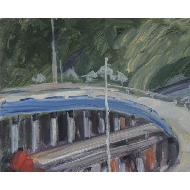 This late 20th century to early 21st century oil on canvas depicting a freeway scene is by Bay Area artist John Nicolini...