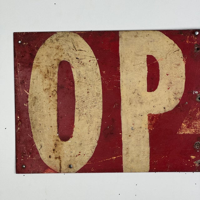 Vintage Large Hand Made Double Sided "Open/Closed" Metal Sign in Firetruck Red For Sale - Image 4 of 9