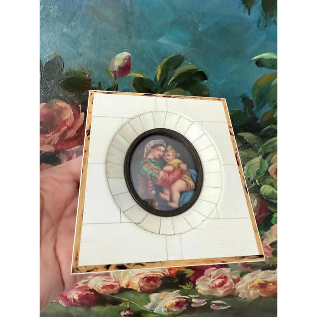 Beautiful antique/ vintage Italian Florentine miniature porcelain hand-painted plaque. ‘Madonna and Child’ in bone frame....