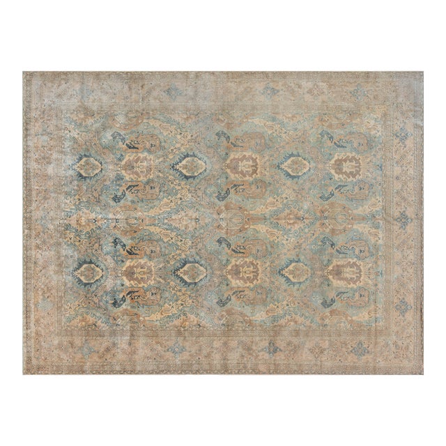 Persian Tabriz Botanic Light Blue, Cream and Rust Handwoven Wool Rug For Sale