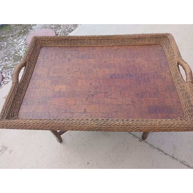 Contemporary Vintage Seagrass and Koa Wood Large Tray Table Butler Table Coffee Table For Sale - Image 3 of 10