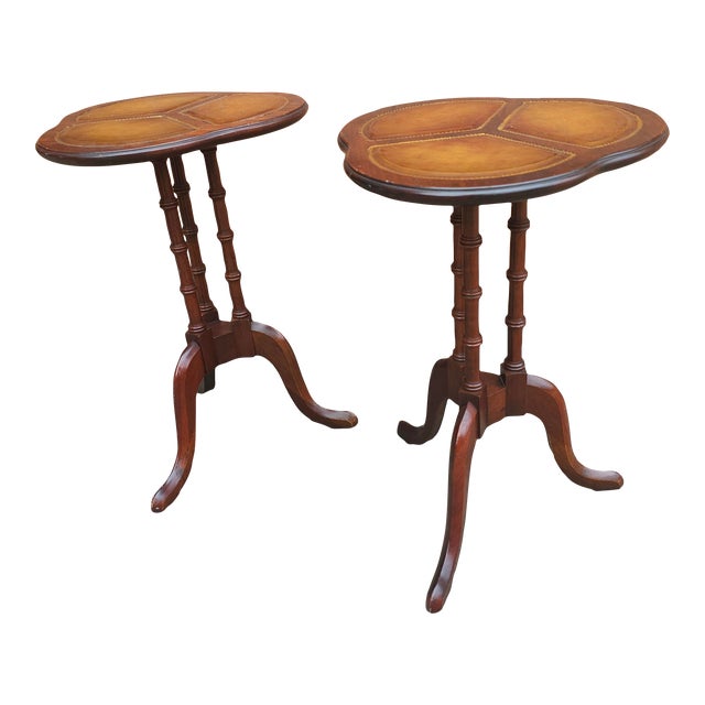 Pair Mid 20th Century Mahogany Pedestal Tooled Leather Clover Top Candle Stands For Sale