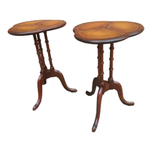 Pair Mid 20th Century Mahogany Pedestal Tooled Leather Clover Top Candle Stands
