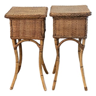 Vintage Coastal Rattan and Wicker Drink Table - Two Available, Sold Separately For Sale