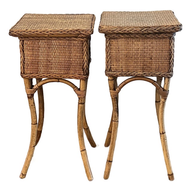 Vintage Coastal Rattan and Wicker Drink Table - Two Available, Sold Separately For Sale