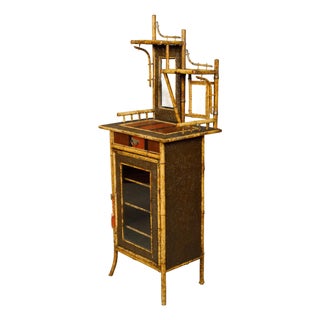 English 1880s Bamboo Small Cabinet with Painted Accents and Single Mirror For Sale