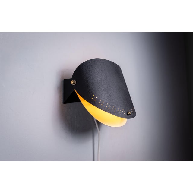 Black Matte Black Wall Lamps with Perforated Shades and Brass Details, Set of 2 For Sale - Image 8 of 16